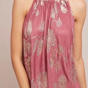 Anthropologie feather gold and mauve high neck top